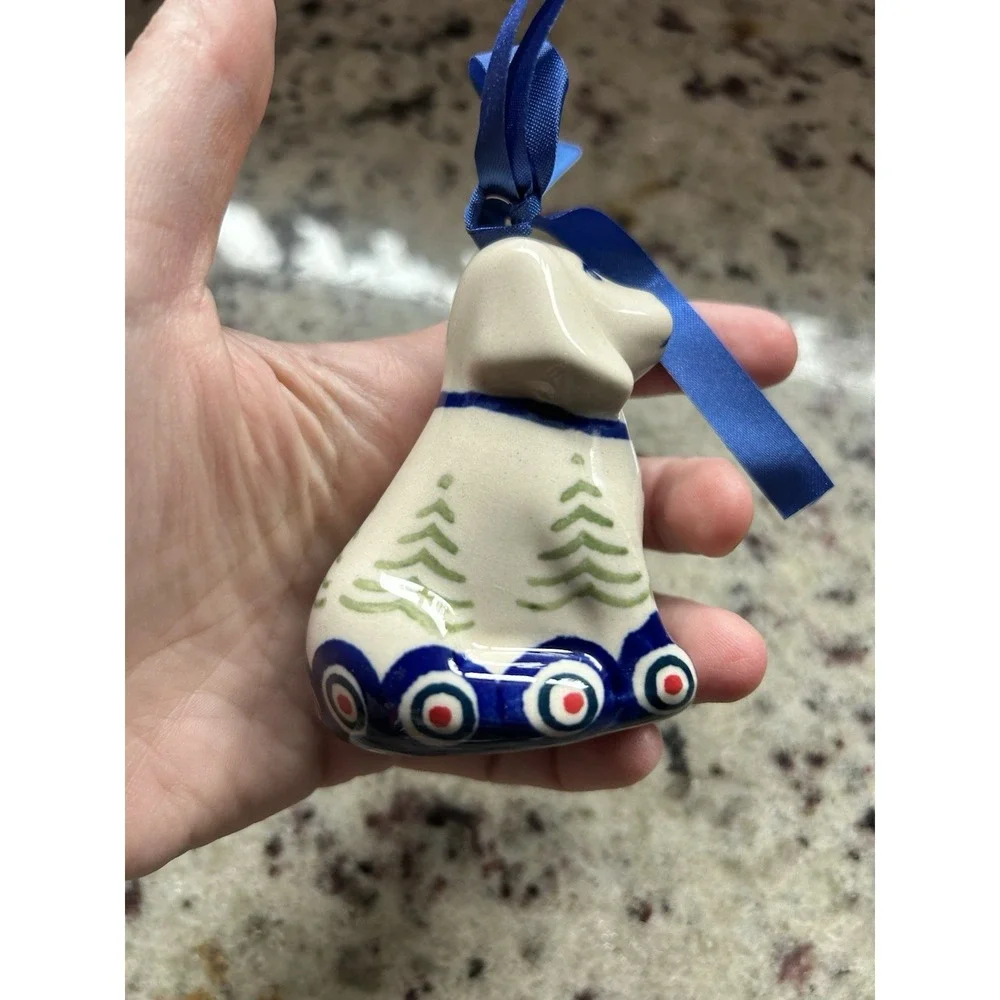 Polish Pottery Dog Christmas Tree Ornament Hand Painted Stoneware Poland Unmark